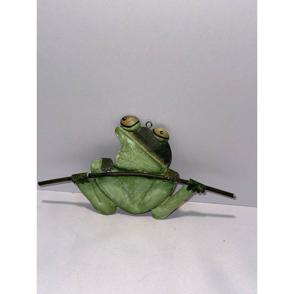 Vintage Metal Green Frog Ornament Hanging Garden Tree Decor Hand Painted Animal